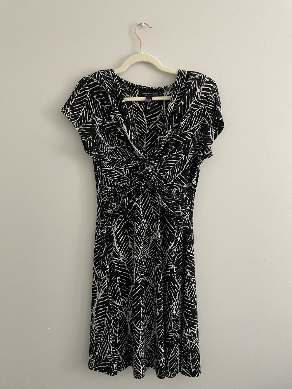 connected apparel Black & White Leaf Twist-Waist Dress